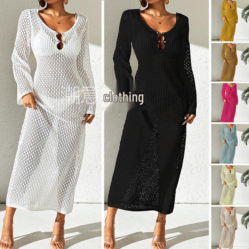 European-American Hollow Texture V-Neck Button Backless Long-Sleeve Beach Dress