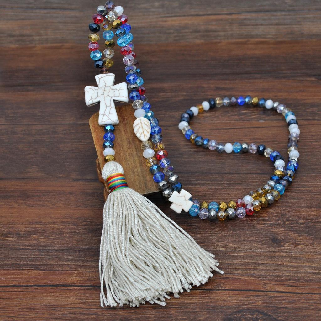 Handmade beaded crystal necklace, women's Bohemian cross pendant with turquoise tassels and sweater chain