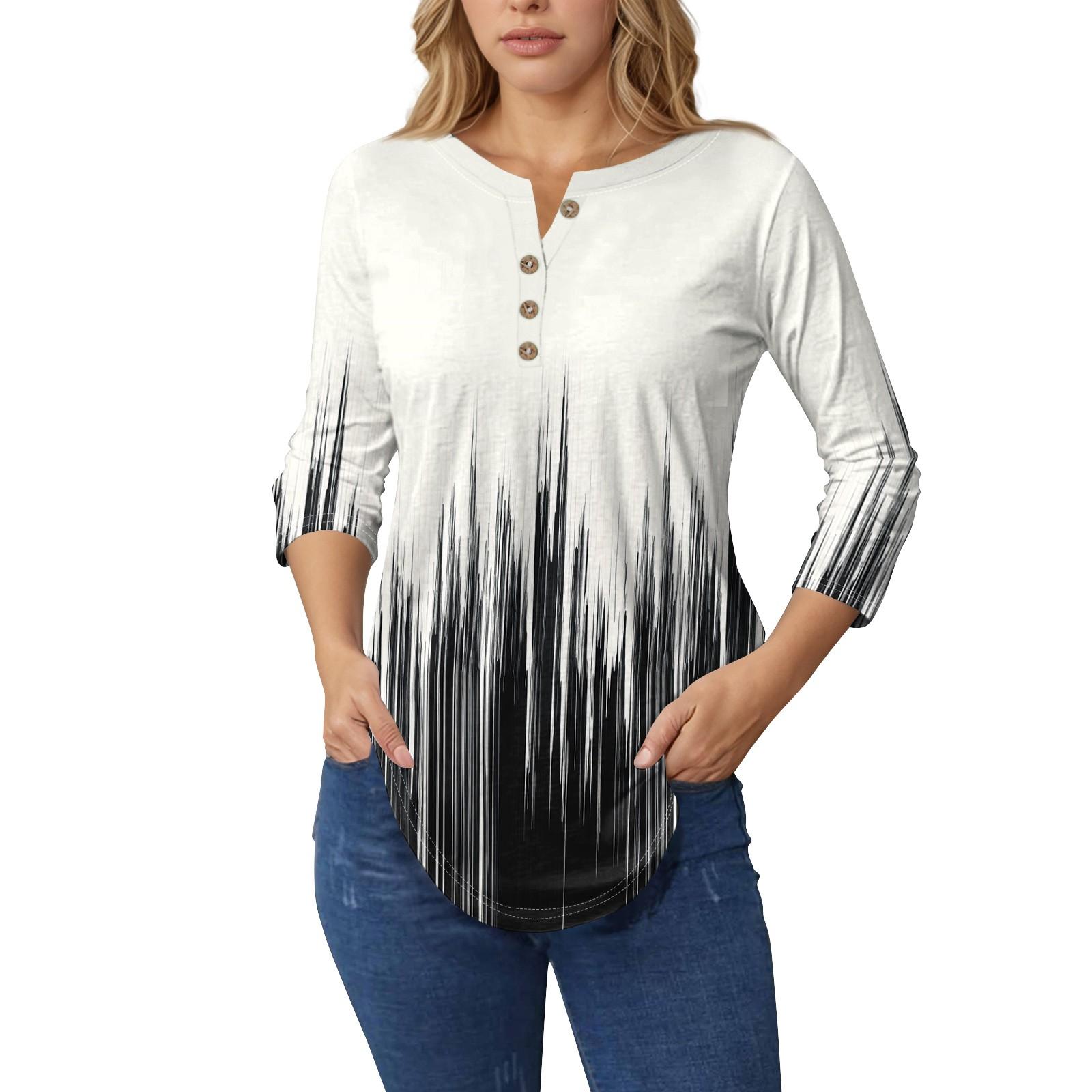 

Женские топы с рукавами 3/4, летние футболки с цветочным принтом и V-образным вырезом, повседневные базовые футболки с пуговицами, туники XL белый