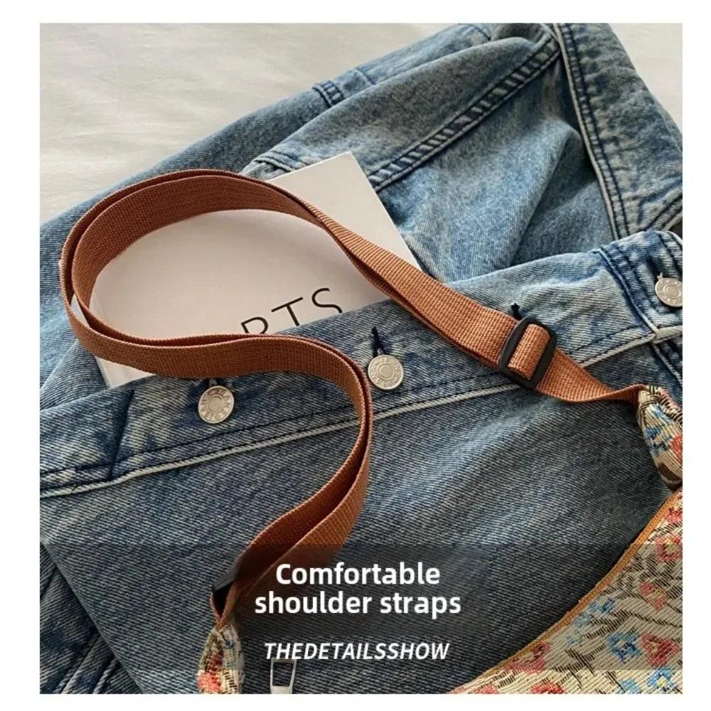 Vintage Half Moon Shape Women Lady Messenger Bag Versatile Literary Prints Cloth Texture Temperament Crossbody Shoulder Bag