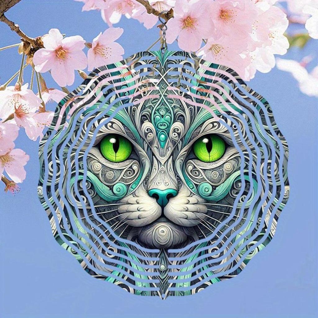 3D Metal Cat Face Wind Chime Handcrafted Kinetic Wind Spinner for Outdoor Patio Balcony Decor Vibrant Teal Turquoise Hanging Art