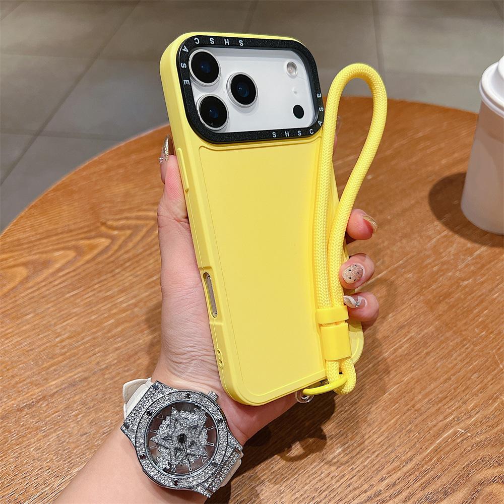 For iPhone 17 Pro Case Black Lens Frame Shockproof TPU PC Phone Back Cover with Wrist Strap