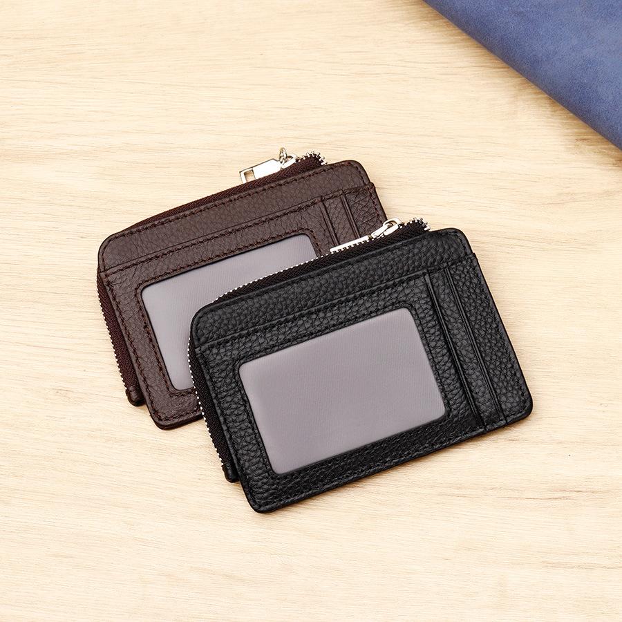 Genuine Leather Slim Card Holder RFID Blocking Zipper Coin Purse with ID Window Unisex Wallet