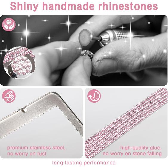 2 Pack Bling License Plate Frames Premium Sparkly License Plate Frame for Women Durable Pink Bling Car Accessories