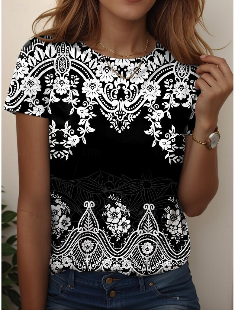 Women's T Shirt Graphic Paisley Vintage Stylish Casual Short Sleeve Crew Neck Regular Tops Daily Weekend Beach Wear Print Summer