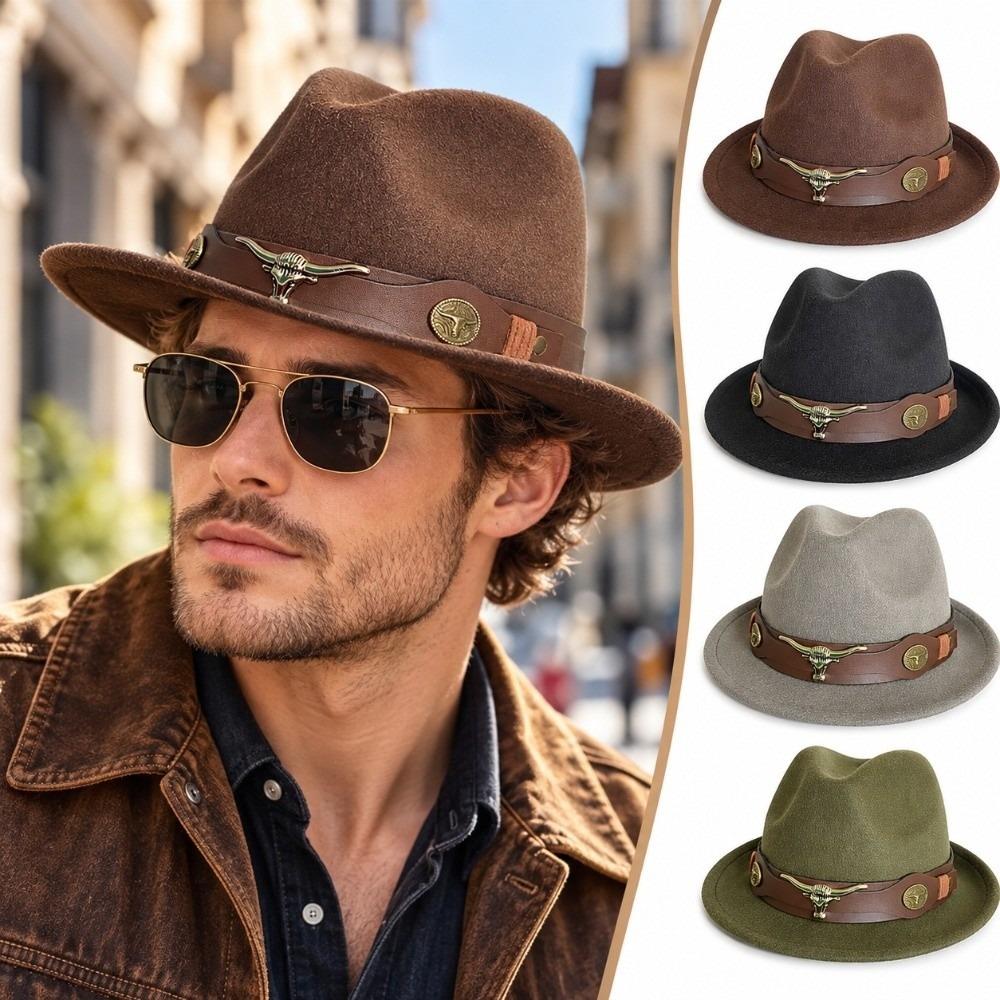 Unisex Fedora Hat Bull Head Decor Wide Brim Hat Retro Western Cowboy Hat Autumn Winter