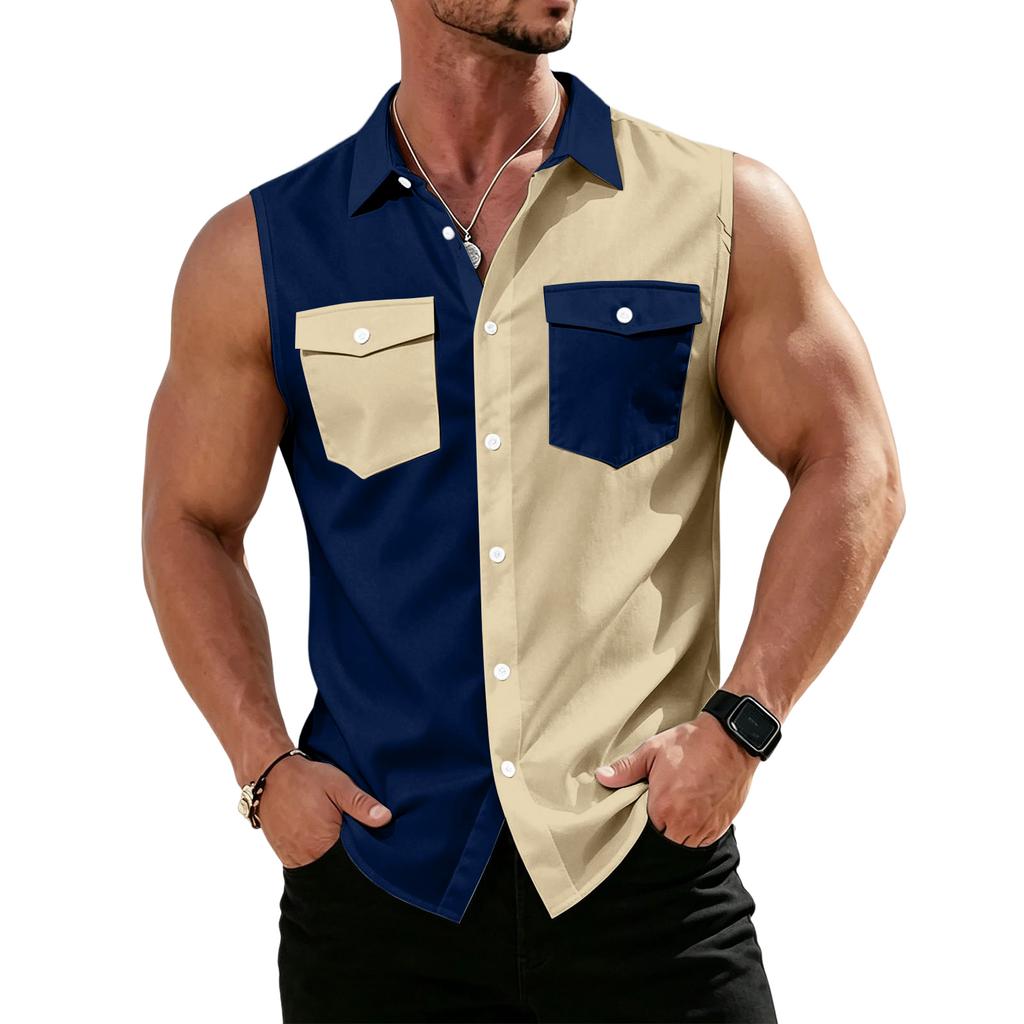 Men's Workwear Lapel Button-Down Vest Shirt - Lightweight Sleeveless Top