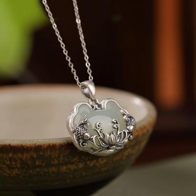 Retro   Natural An Jade Fish-Shaped Lotus Flower Necklace Chinese Style Ruyi Pendant Clavicle Chain Jewelry