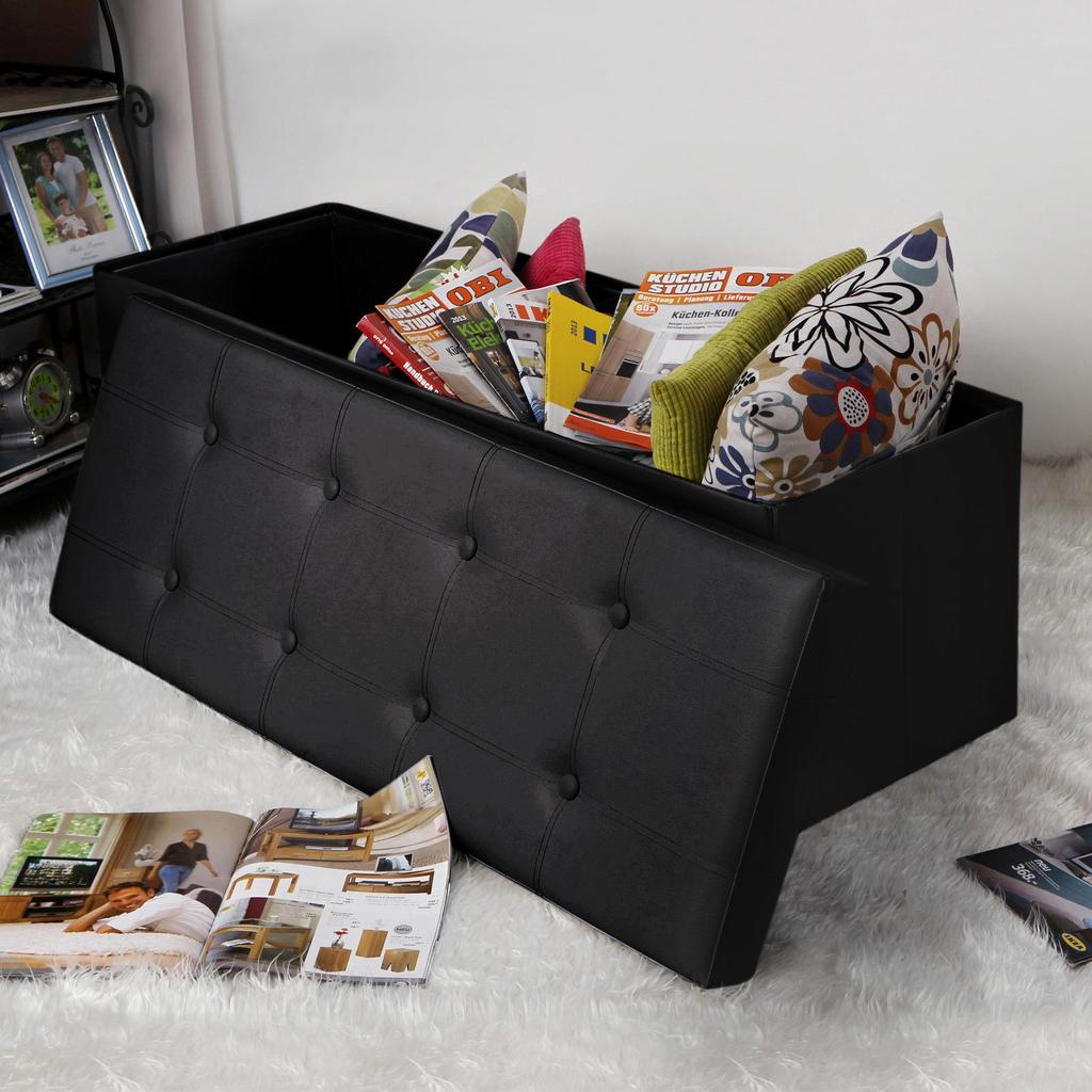 SONGMICS 43 Inches Folding Storage Ottoman Bench, Storage Chest, Footrest, Coffee Table, Padded Seat, Faux Leather, Holds up to 660 lb, Black U