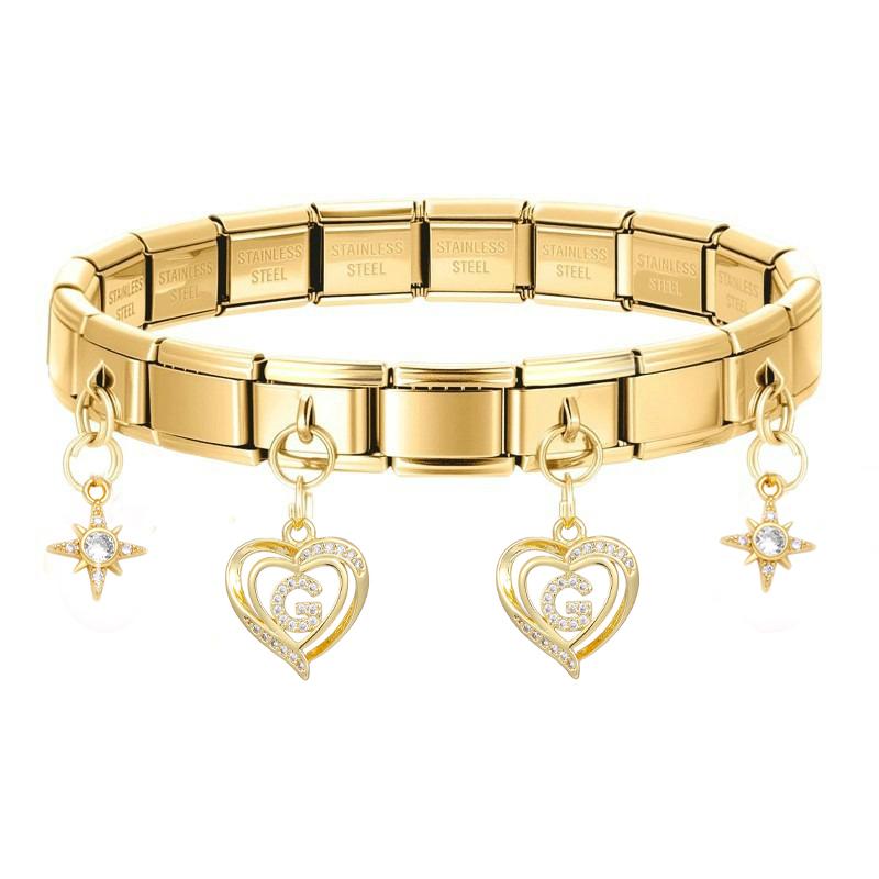 26 Initial Letters A-Z Zirconia Dangle Bracelet Stainless Steel Elastic Bangle for Men Women Birthday Party Name Jewelry