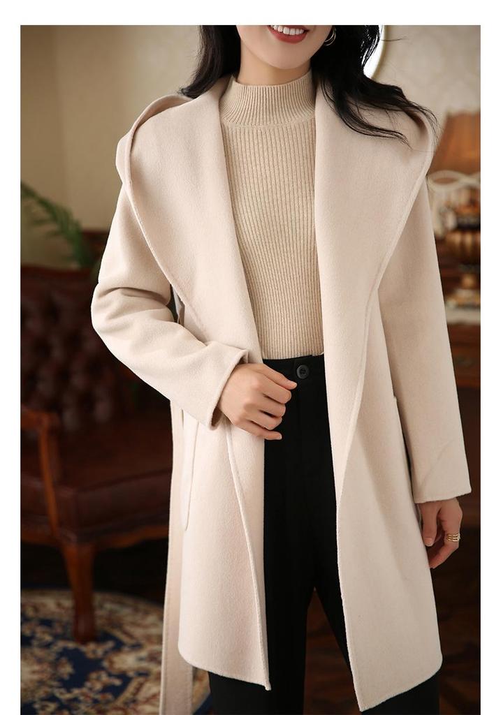 2026 Petite Women's Hooded Double-Sided Wool Coat, Autumn/Winter Mid-Length with Belt