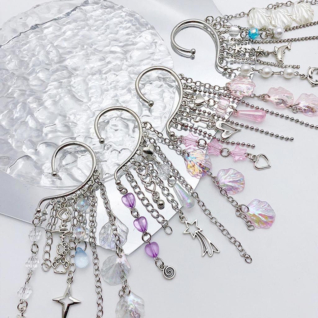 Fashionable Metal Ear Cuff with Chain Unique Ocean Shell Pendant Ear Dangle Stylish Beaded Fringes Ear Cuff Accessory