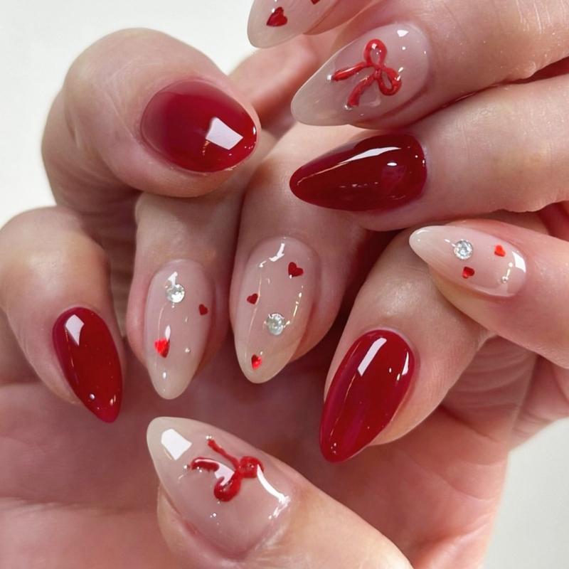 

24 Pcs Heart Acrylic Nail with Rhinestones Valentines Day False Nail French Tip Stick on Nail 3D Bows Press On Nail 1