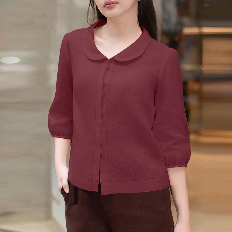 

ZANZEA Женская повседневная блузка свободного кроя с рукавами 3/4 и кукольным воротником, однотонная 5XL вино красного