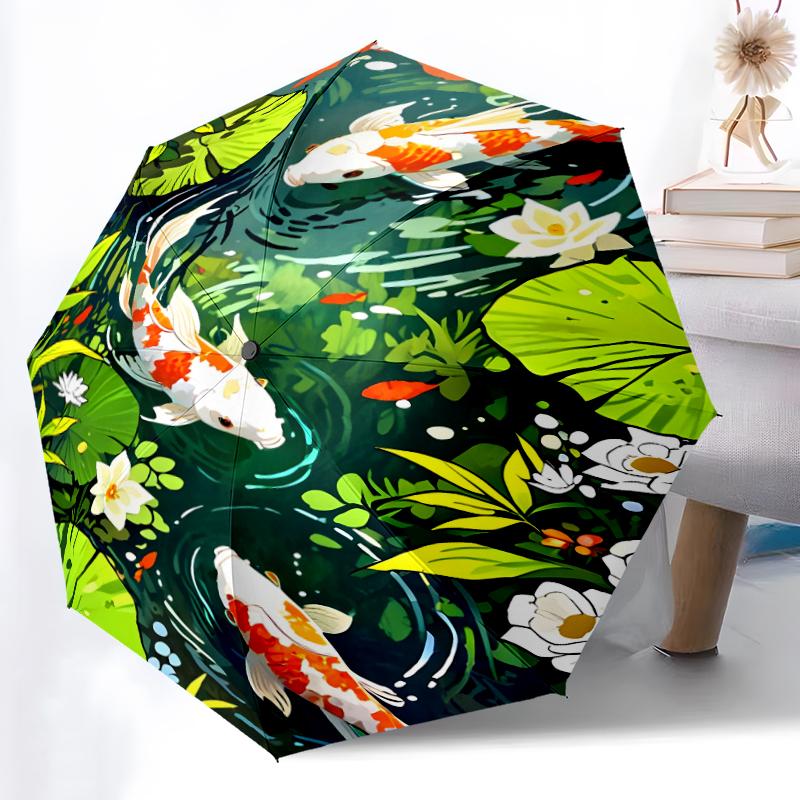1pc Sturdy 8-Bone Auto Umbrella, Koi Fish 1 Umbrella, Digital Printed, Foldable Umbrella for On-the-Go Outdoor Use