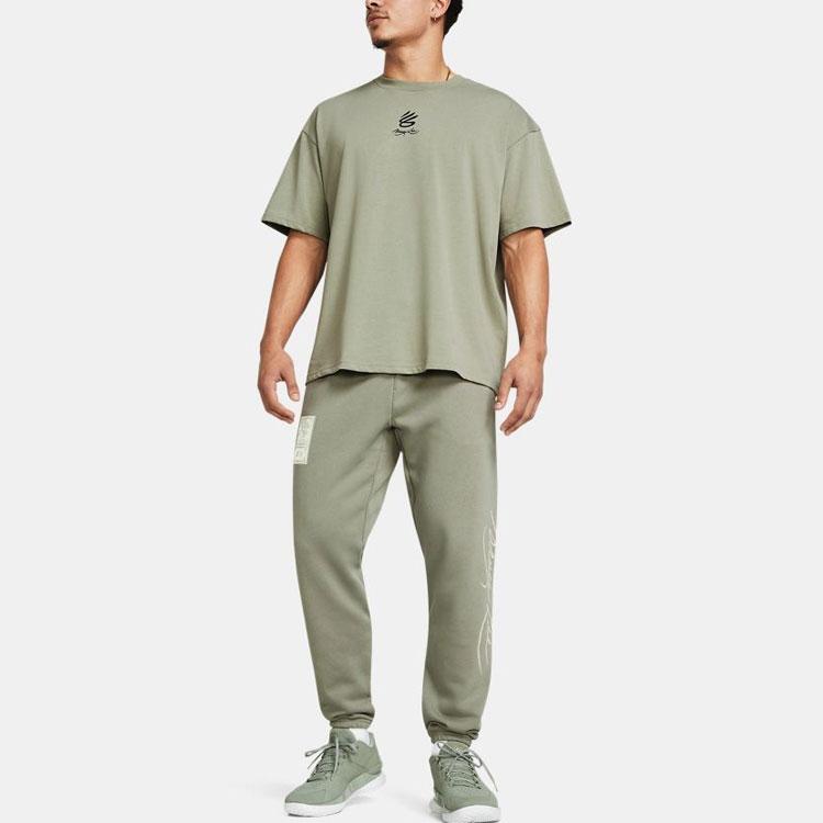 Under Armour Curry X Bruce Lee Collaboration SS24 Spring Collection Printed Logo Tapered Long Knit Sports Pants Men Pants Green 1383111-504