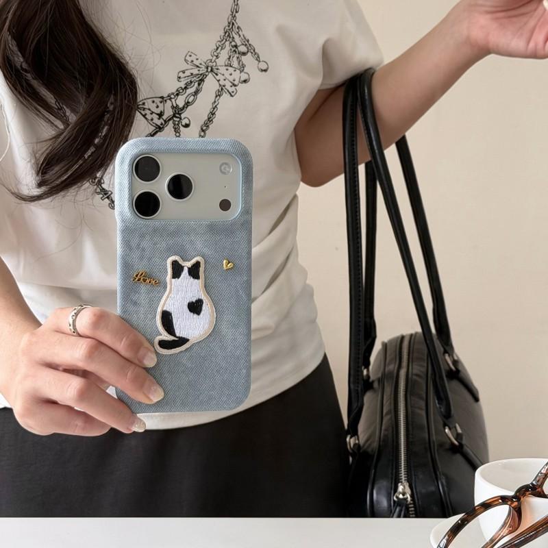 Embroidered Cat Denim Fabric Phone Case IPhone 17 Pro Max 16 15 13 Protective Cover Soft Stitched Design