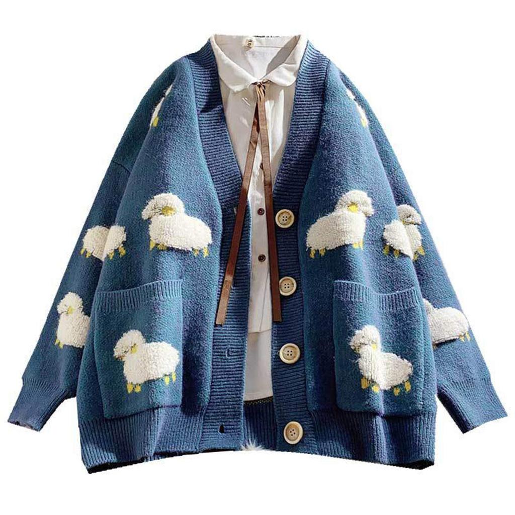 Women Long Sleeve Knit Loose Cardigan Cartoon Sheep V-Neck Button Sweater Coat