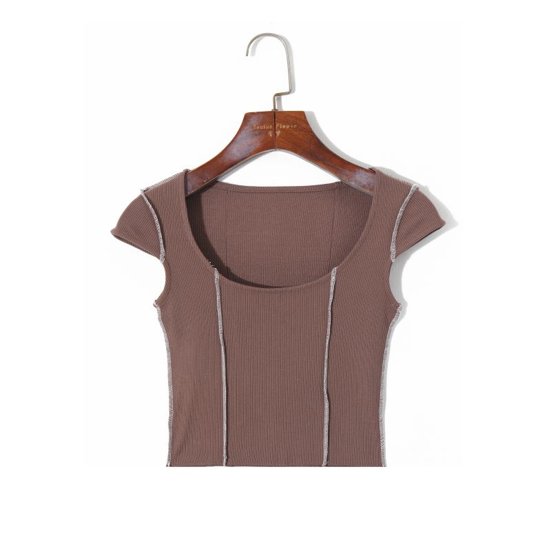 

2024 Осень Женская одежда Мода Корейский стиль Сексуальный Пуловер с низким вырезом Короткий рукав Облегающий Эластичный Удобный и Универсальный Укороченный топ Curry color S