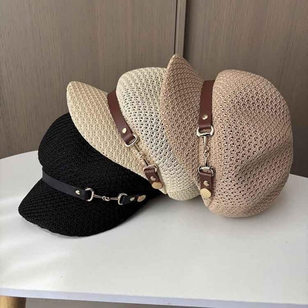 Casual Hollow Octagonal Beret Hat Breathable Spring Summer Beach Straw Hat Leather Buckle Painter Hat Sunshade Cap