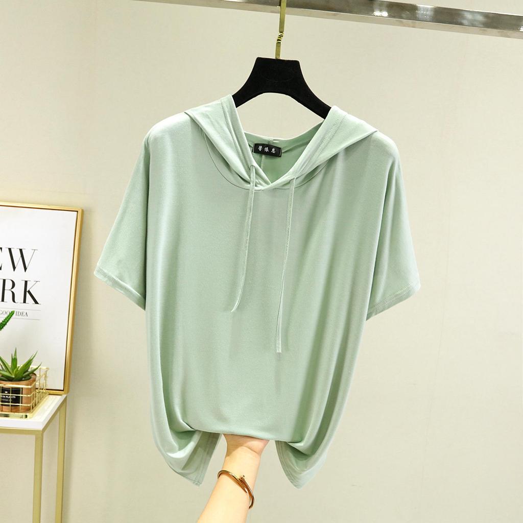 T-shirt à capuche manches courtes en modal pour femme Printemps/Été - Haut de base léger coupe ample