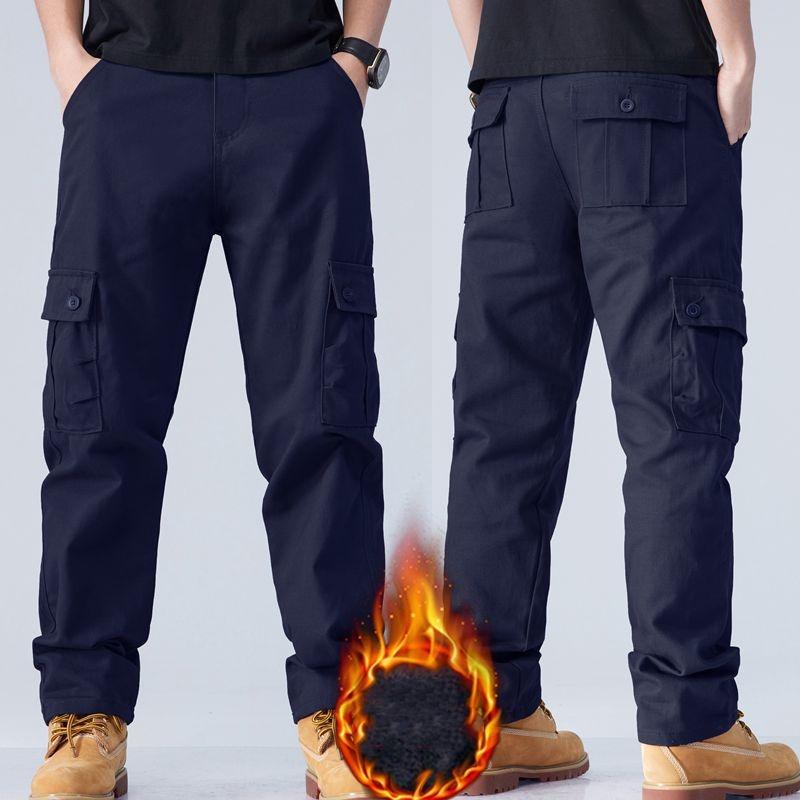 Winter Men'S Thick Velvet Warm Work Pants Casual Pants Loose Straight Tube Multi Pocket Pure Cotton Wear-Resistant Work Pants