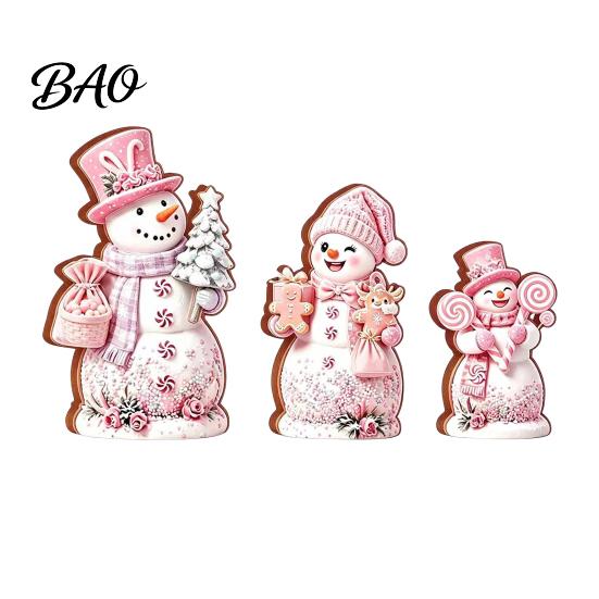 Christmas Gift for Kids 3PCS Snowman Wooden Ornaments, Decorative Cute Festive Figures, Pink And Purple Decor High-definition Printing Crafts Holiday