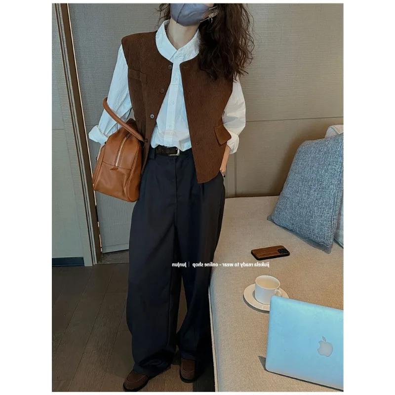 Spring Autumn Layered Fogn Style Cardigan Top Corduroy Vest for Women Versatile