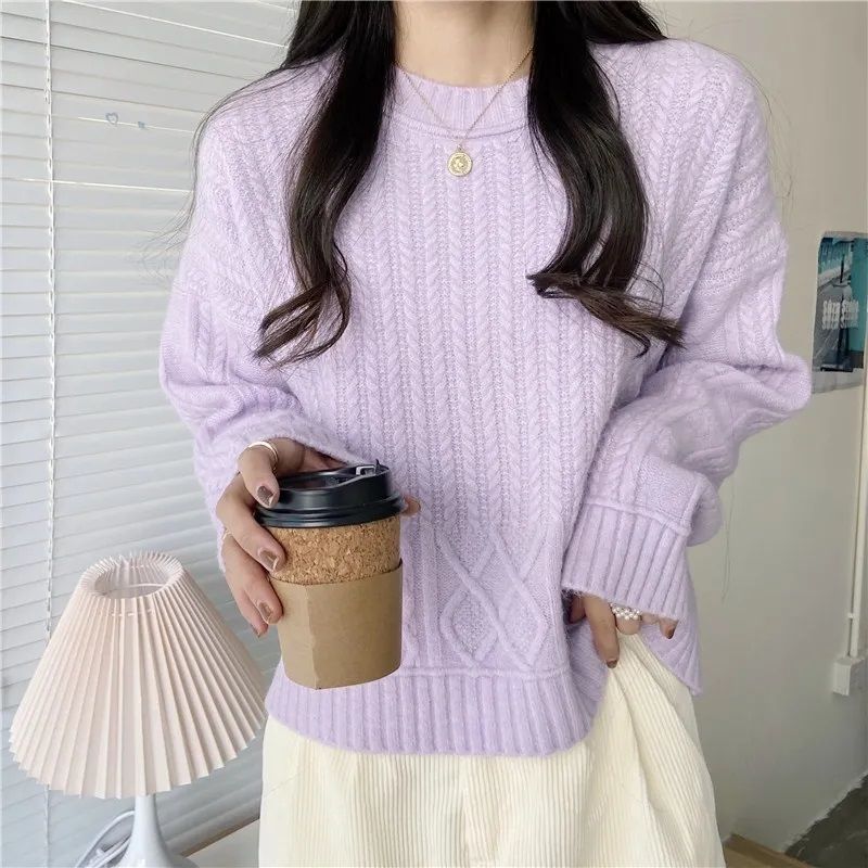 2023Vintage Fried Dough Twists Pulovr svetr pro ženy na podzim a zimu Korejský svetr s volným dlouhým rukávem úplety Top