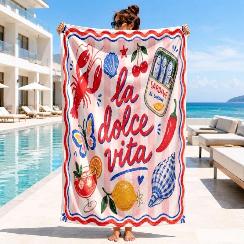 Mediterranean Summer Doodle Style Pink White Stripe Lobster Fruit Seafood La Dolce Vita Print Quick Dry Beach Towel