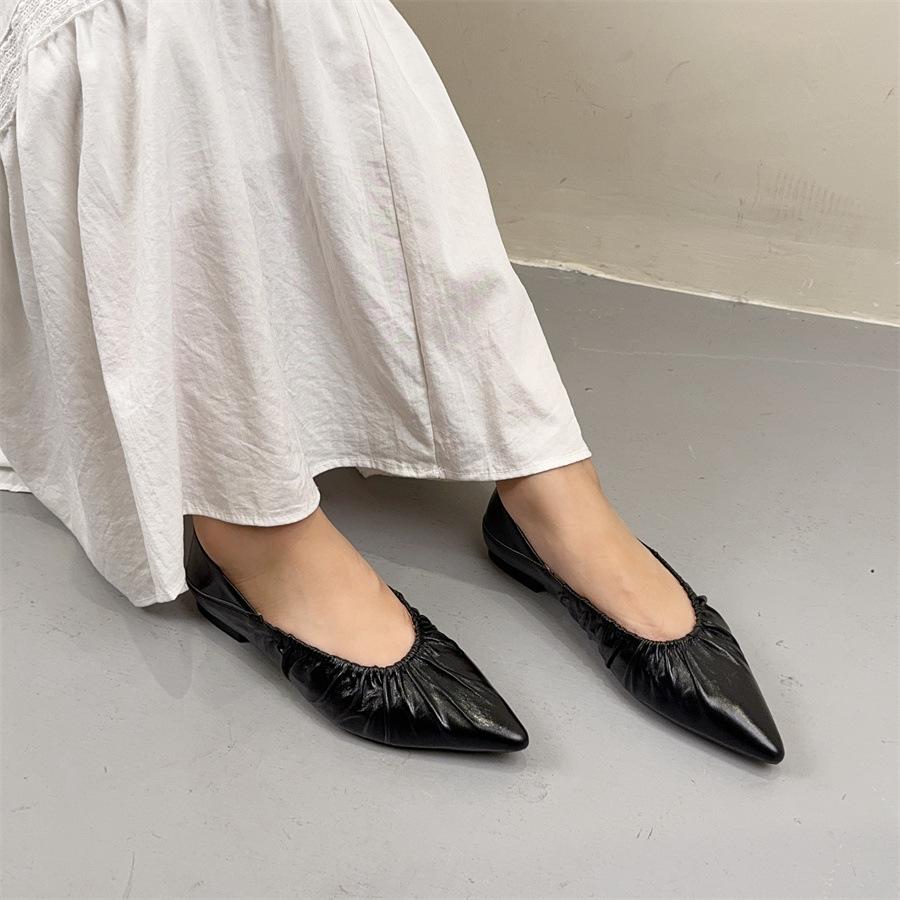 Johnature Faltige Rindsleder Spitzschuh Temperament Damenschuhe Echtes Leder Weiche Sohle Vielseitige flache Schuhe