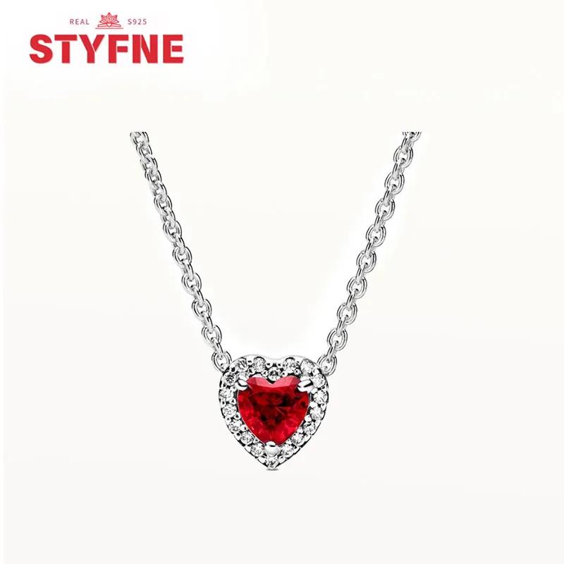 925 Silver Heart-Shaped Shiny Zircon Elevated Red&Pink&Blue&White Heart Necklace Lover's Gift Fine Jewelry for Women