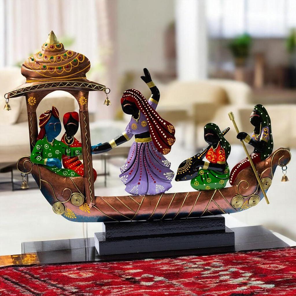 Ethnic Tribal Boat with Dancing Musicians Showpiece - 15x18 Inch Home Décor with Wooden Base - Gift for Housewarming, Festivals, Weddings