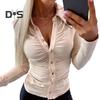 Elegant Women Solid Color Shirt Lapel Long Sleeve Office Tops Pleated Single Breasted Blouse Workwear