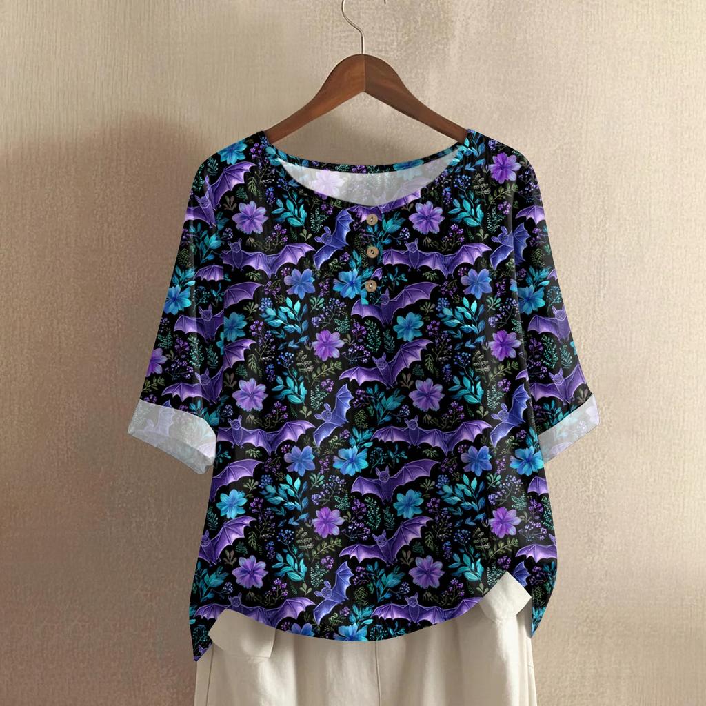 Top Casual da Donna a Manica Media Girocollo con Stampa di Halloween in Cotone e Lino