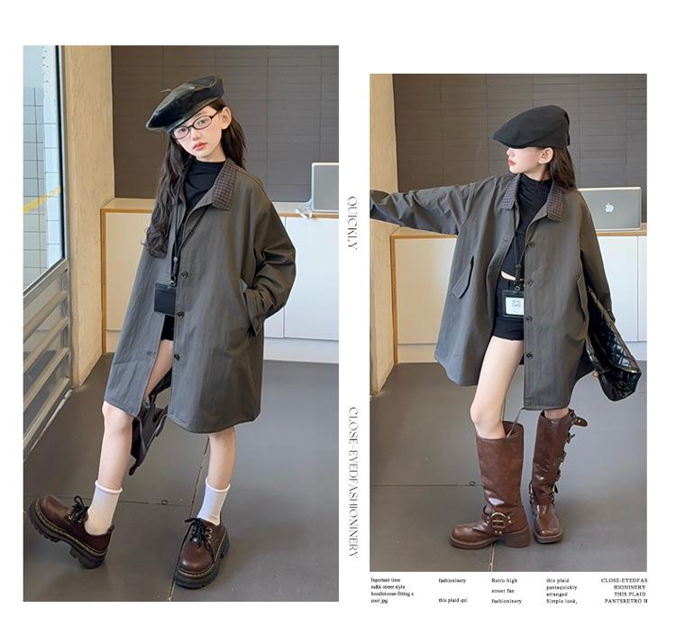 Mädchen Midilanger Trenchcoat: 2025 Frühling/Herbst Koreanischer Stil für Kinder - Lockerer, lässiger Schnitt