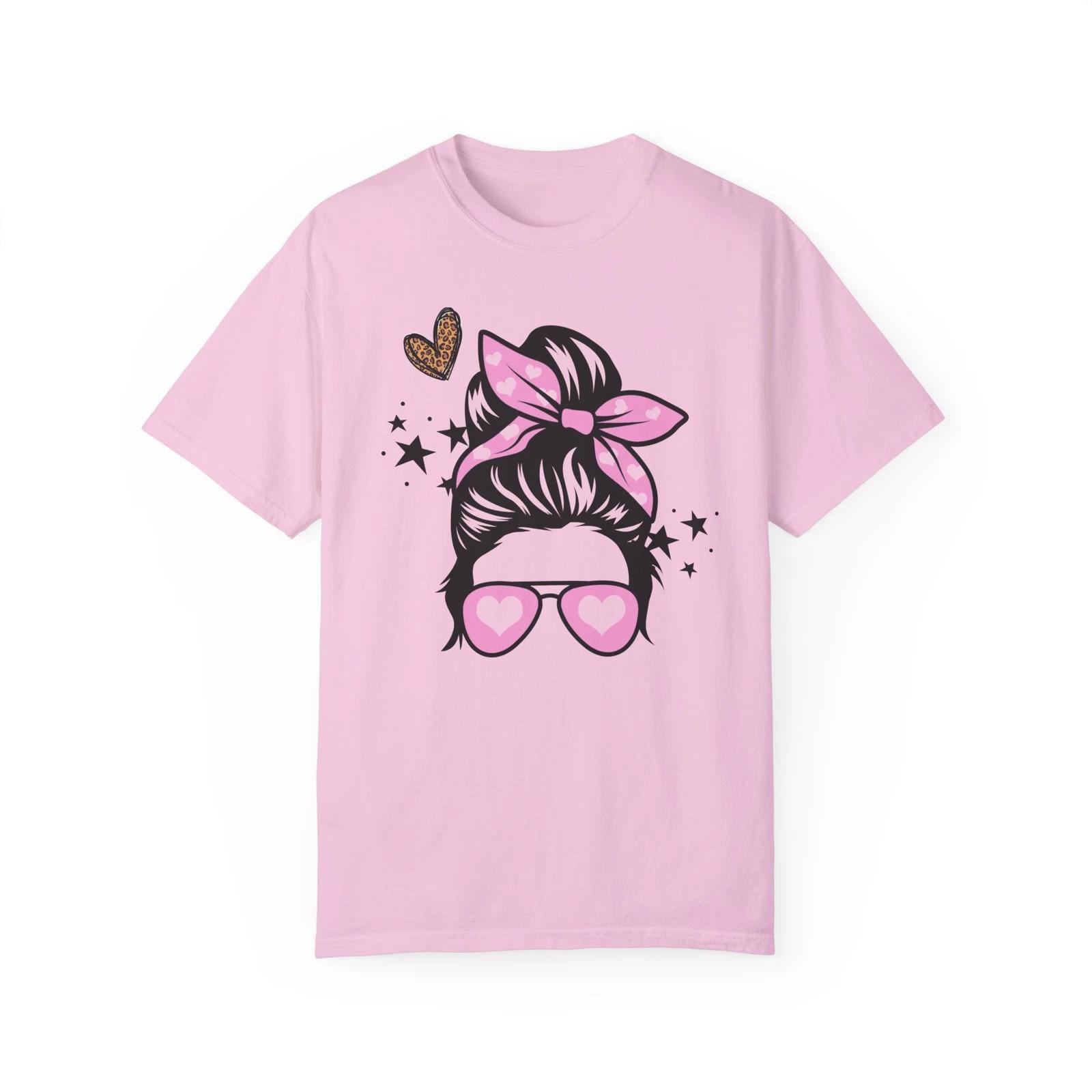 Girl With Bun T-Shirt Messy Hair Hearts Leopard Valentine s Day Best Friend Gift 2XL