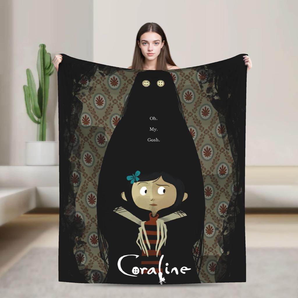 Coralines Animated Movie Blanket  Travel Flannel Throw Blanket For Living Room Warm Soft Custom DIY Quality Bedspread Gift Idea