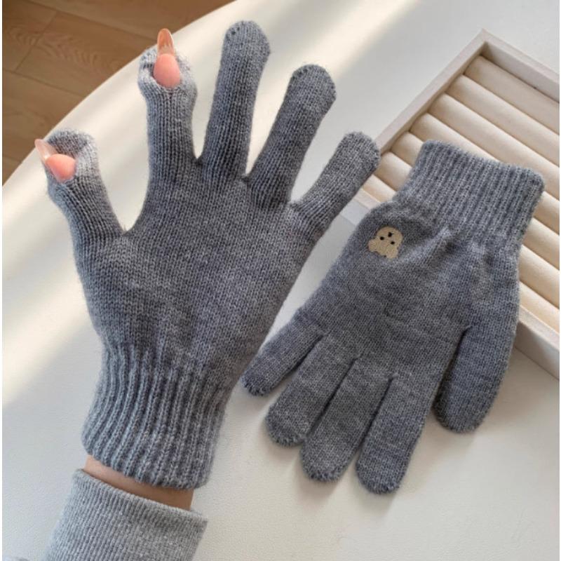 Korean Cute Bear Embroidered Wool Gloves for Women Autumn and Winter Knitted Touch Screen Student Warm Cycling Gloves Windproof