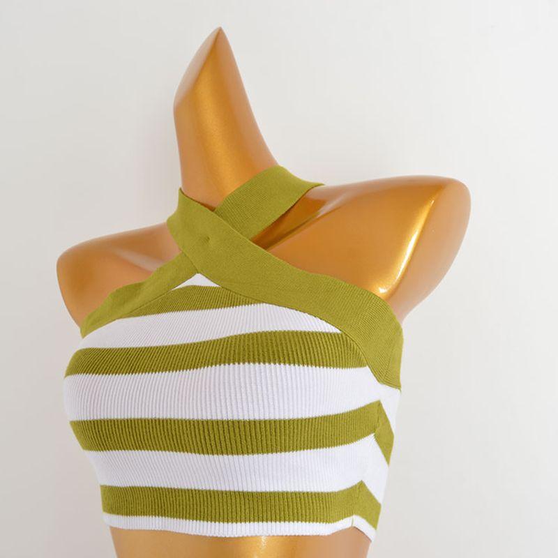 Summer Sexy Fashion Classic Stripes Women's off-the-Shoulder Cross-Halterneck Stretch Knitting Camisole Midriff Outfit Outer Wear