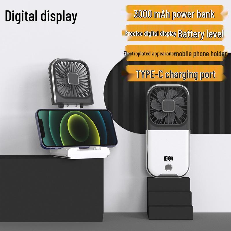 

Portable Handheld Mini Fan with Neck Strap, Digital Display, Power Bank, Silent Operation, and Folding Capability for Outdoor & Desktop Use Power Bank Fan