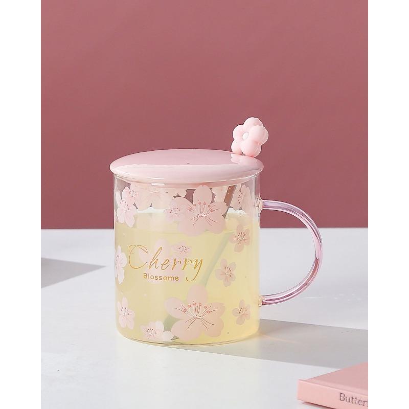 Summer Japanese Cherry Blossom Glass Cups for Girls High Appearance Level Household Water Cups High Temperature Resistant Large Capacity Milk Cups
