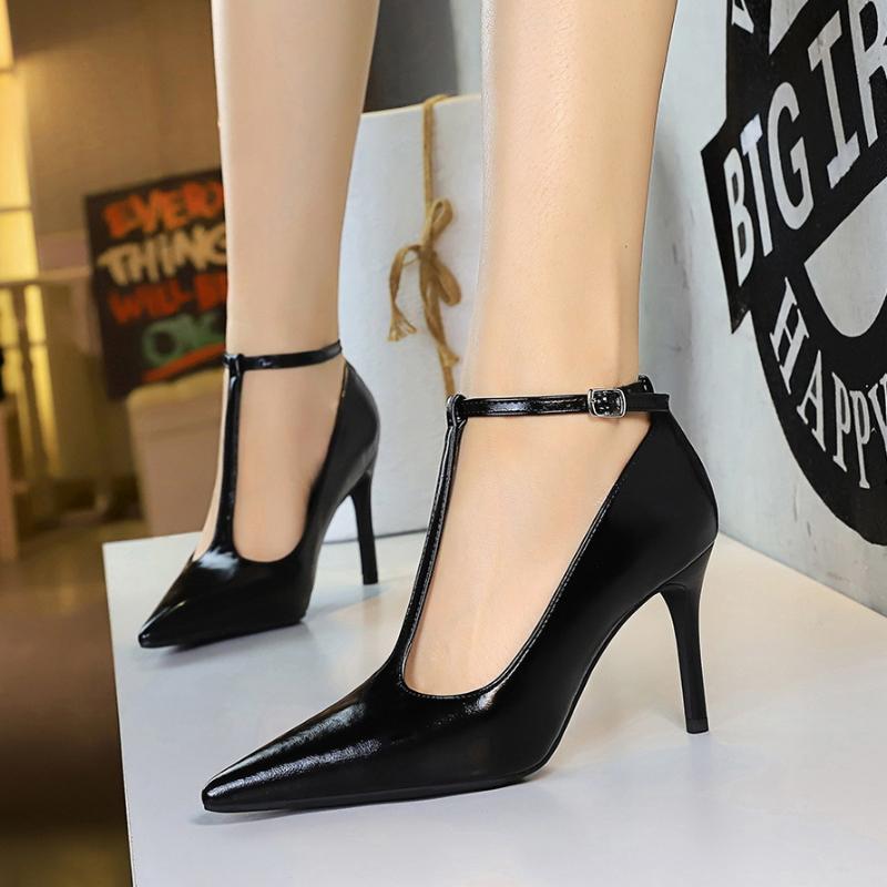 Fashion Pointed Toe High Heels With Polished Leather T-Shaped Buckles Shallow Mouth Single Shoes Fashionable Simple Women's Shoes