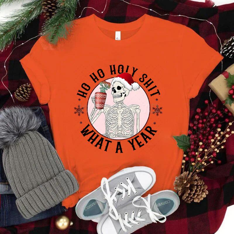 Ho Ho Ho Weihnachtsshirt mit kurzen Ärmeln für Damen Weihnachtsmannmütze Totenkopf Street Style Kleidung Damen Trendiges Neujahrsshirt