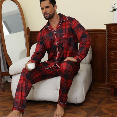 Men's Red Plaid Christmas Pajama Set - Long Sleeve Top and Long Pants for Autumn/Winter