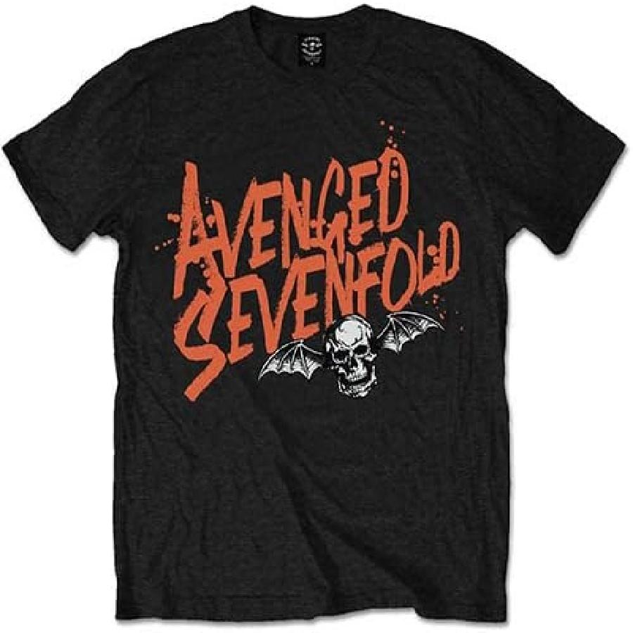 Мужская черная футболка Avenged Sevenfold с оранжевыми брызгами S