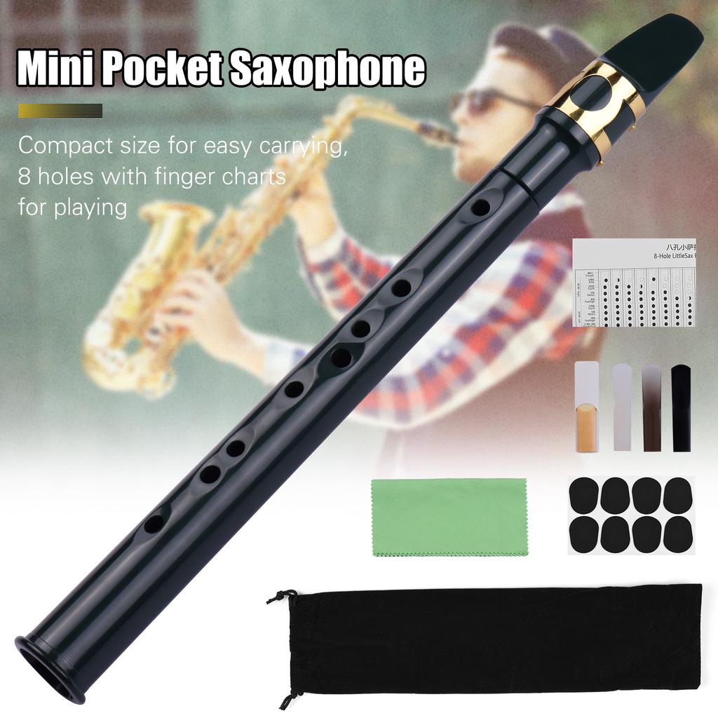 8 Hole Mini Pocket Saxophone ABS with Alto Mouthpiece Ligature Reeds Dental Pads Finger Charts Cleaning Cloth Carrying