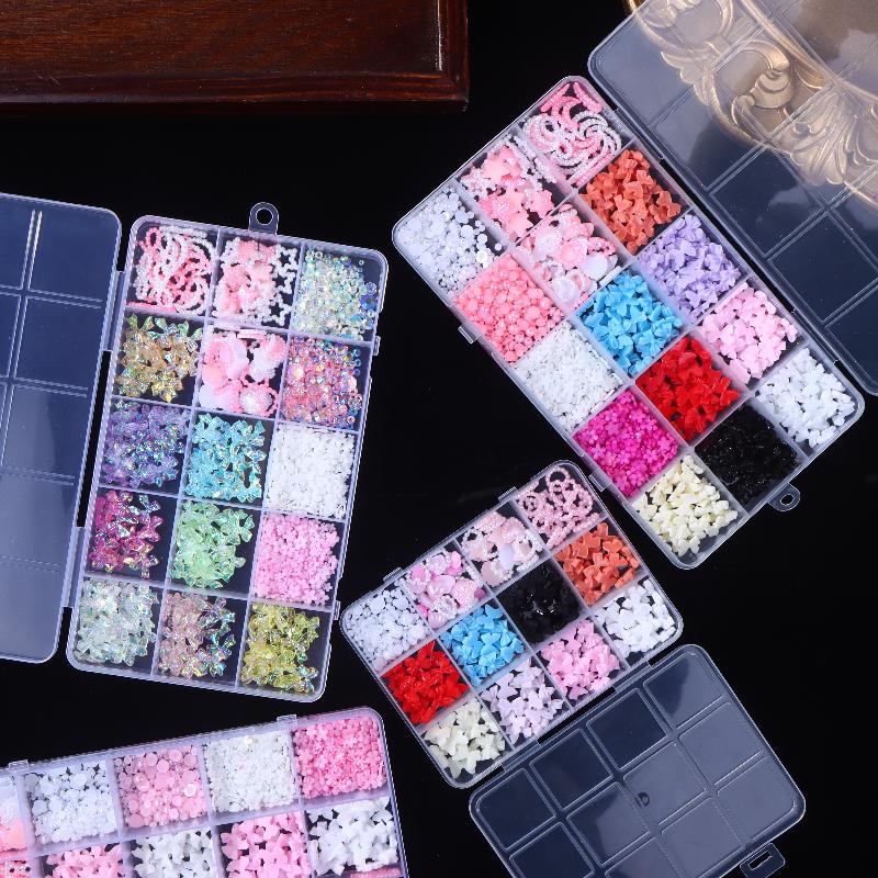 12/15 Grids/Box Mixed Resin Bowknot Nail Charms 3D Colorful Bow  Nail Art Decorations Diy Manicure Parts With Tools