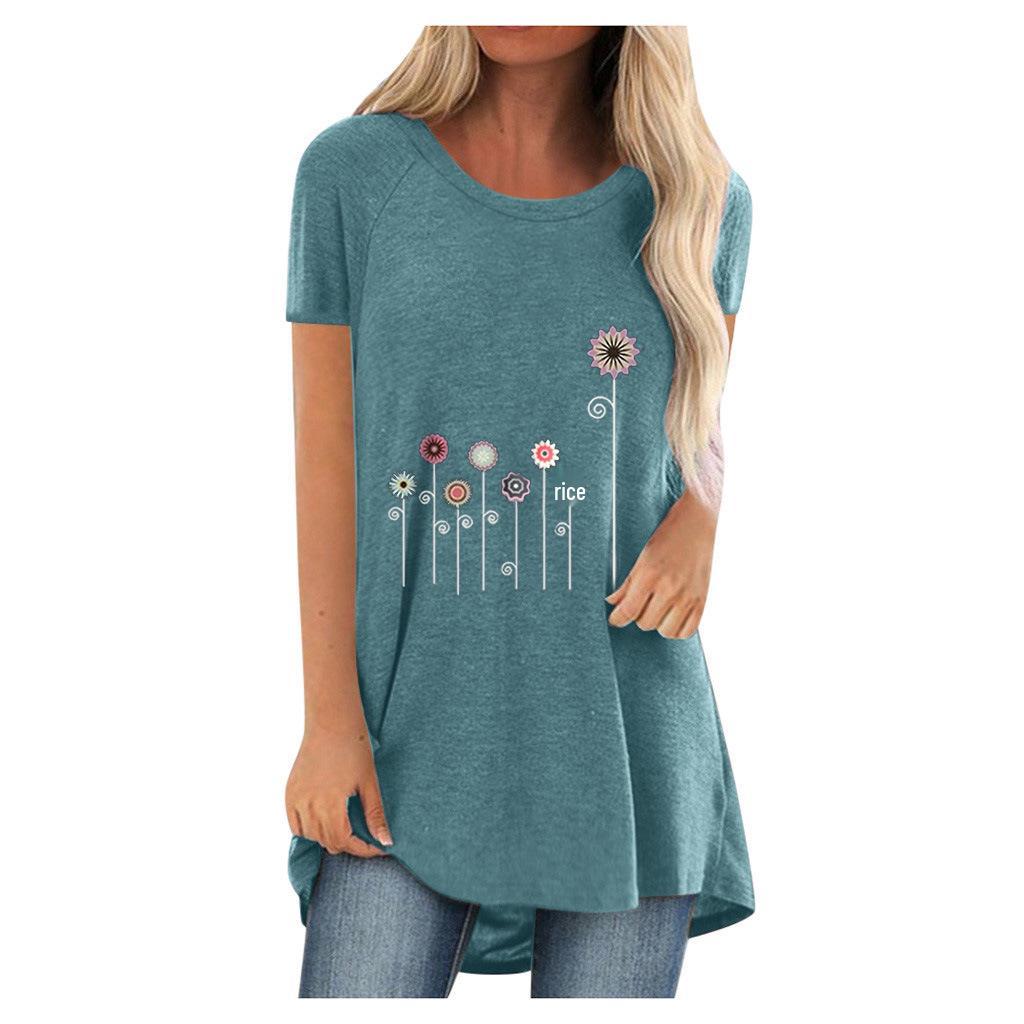 2022 Summer Casual Plus Size Round Neck Solid Color Loose Short Sleeve Printed T-Shirt