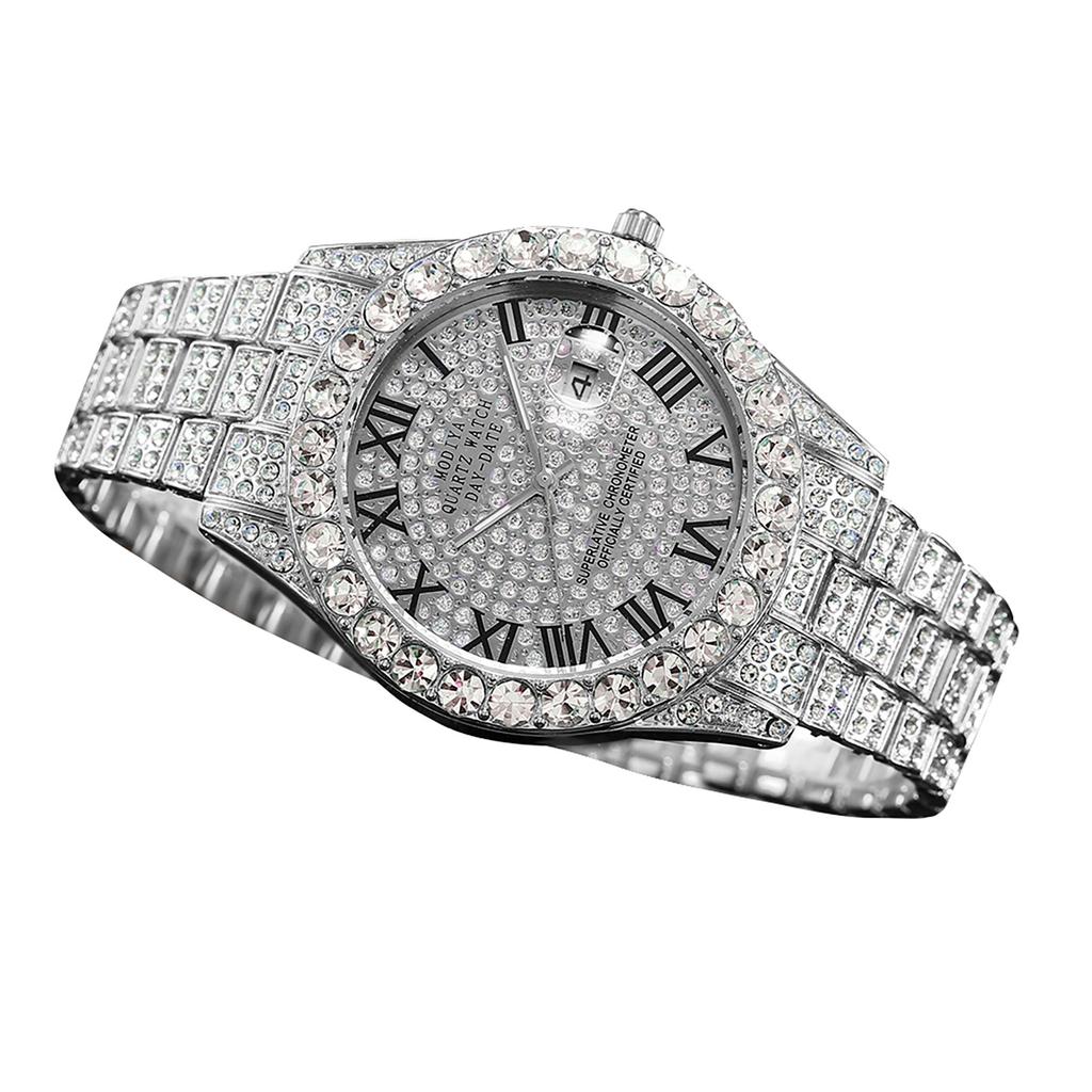 Wasser Diamant Kalender Voll Diamant Zifferblatt Römische Skala Legierung Stahl Band Männlichen